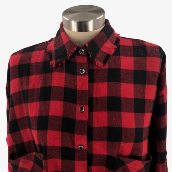 FAVLUX Womens Red & Black Check Button Up Roll Tab Sleeve Fringe Crop - Picture 2 of 13